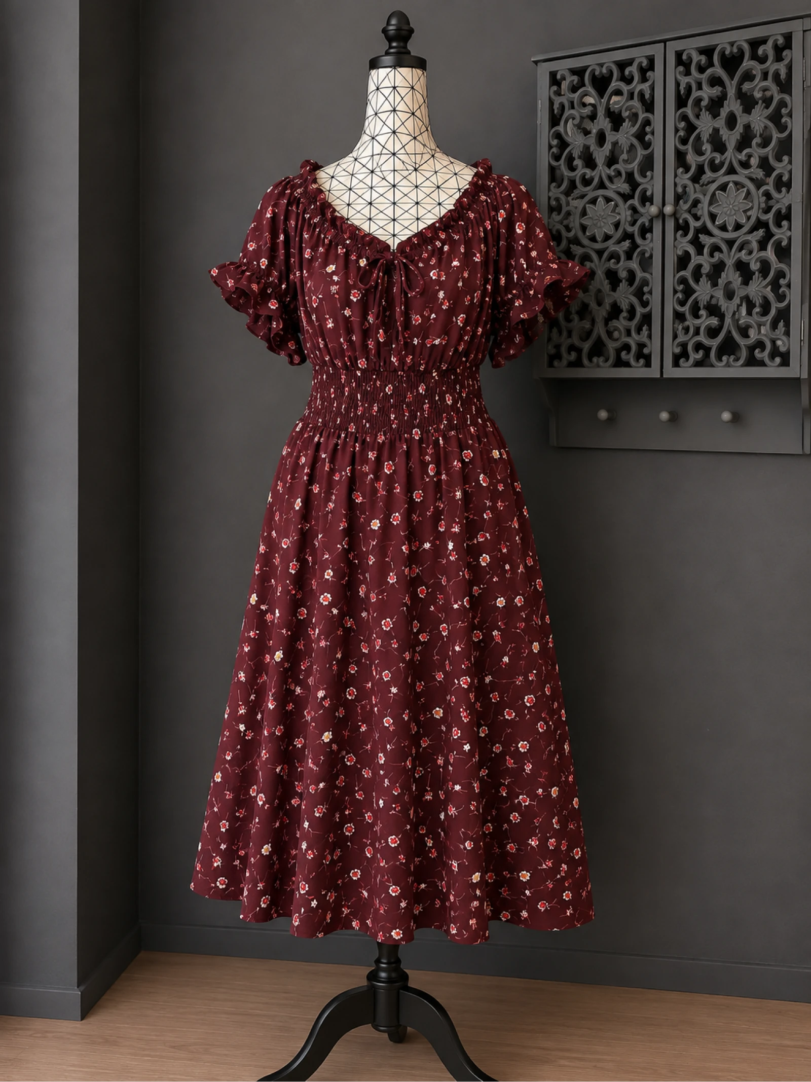 💖 robe fleurie bordeaux grande taille 50 fluide bohème romantique manches volantées 💖
